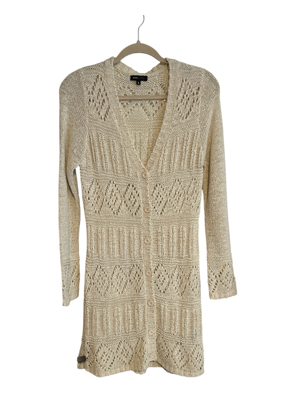BCBG Max Azria Long Line Crochet Cardigan / Duster Size Large